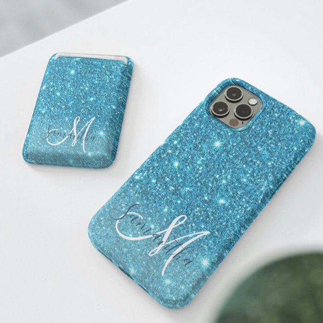 Modern Blue Glitter Sparkles Personalised Name iPhone Case (Creator Uploaded)