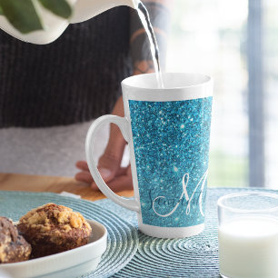 Modern Blue Glitter Sparkles Personalised Name Latte Mug