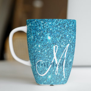 Modern Blue Glitter Sparkles Personalised Name Latte Mug