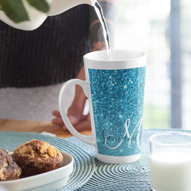 Modern Blue Glitter Sparkles Personalised Name Latte Mug (Creator Uploaded)