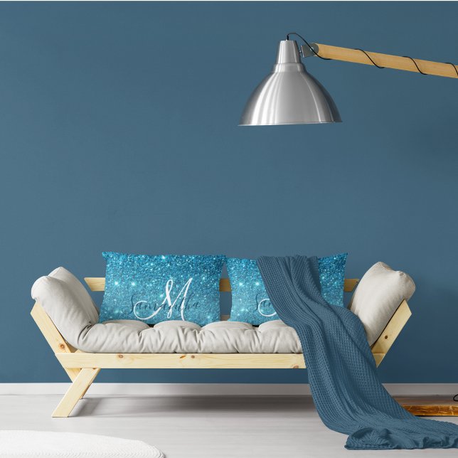 Modern Blue Glitter Sparkles Personalised Name Lumbar Cushion (Creator Uploaded)