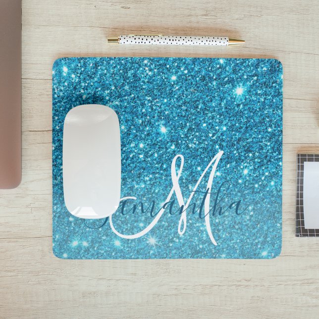 Modern Blue Glitter Sparkles Personalised Name Mouse Mat (Creator Uploaded)