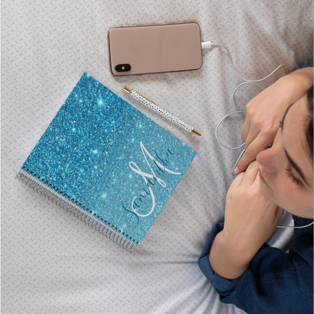Modern Blue Glitter Sparkles Personalised Name Notebook (Creator Uploaded)