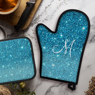 Modern Blue Glitter Sparkles Personalised Name Oven Mitt & Pot Holder Set