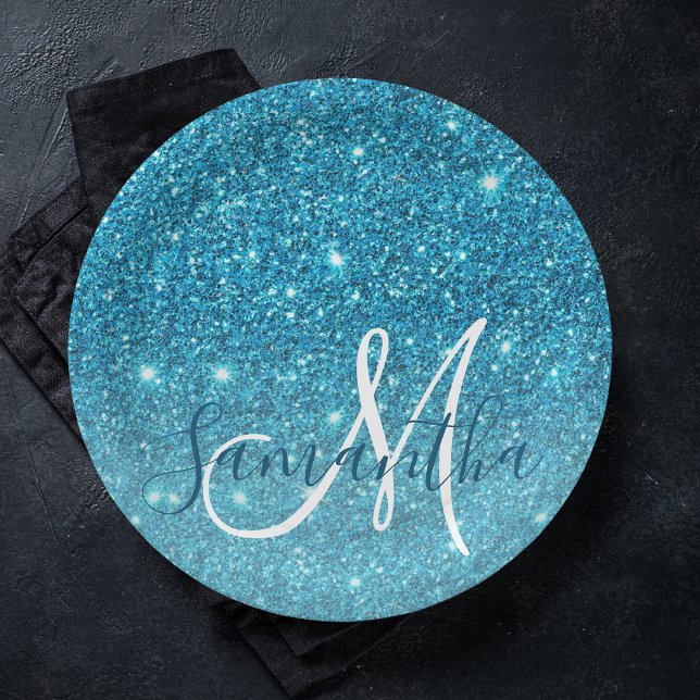 Modern Blue Glitter Sparkles Personalised Name Paper Plate (Creator Uploaded)
