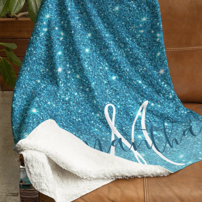 Modern Blue Glitter Sparkles Personalised Name Sherpa Blanket (Creator Uploaded)