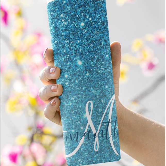 Modern Blue Glitter Sparkles Personalised Name Thermal Tumbler (Creator Uploaded)