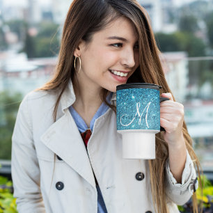 Modern Blue Glitter Sparkles Personalised Name Travel Mug