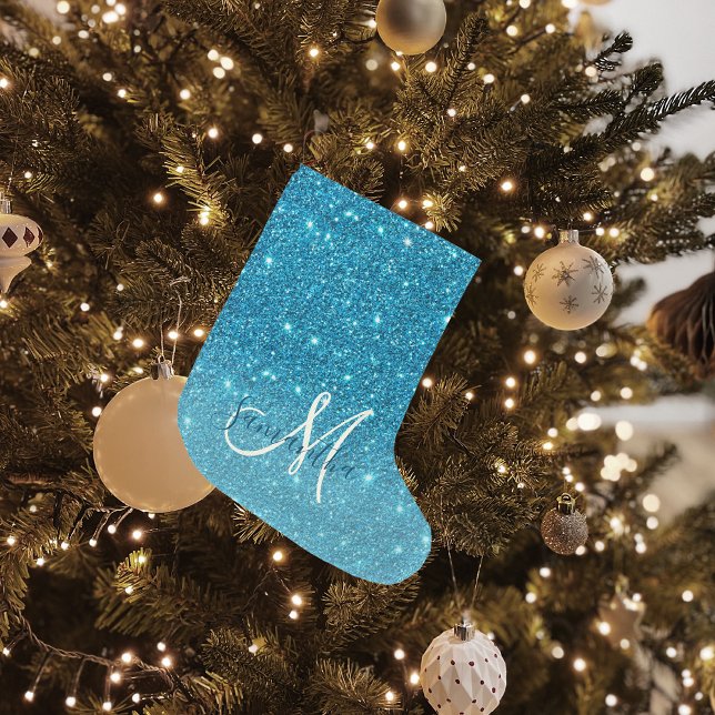 Modern Blue Glitter Sparkles Personalized Name Large Christmas Stocking (Creator Uploaded)