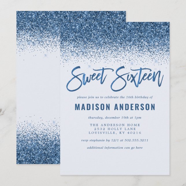 Modern Blue Glitter Sweet 16 Birthday Party Invitation (Front/Back)