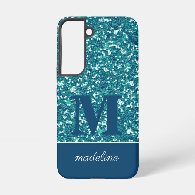 Modern Blue Glittery Personalised Samsung Galaxy S22 Case (Back)