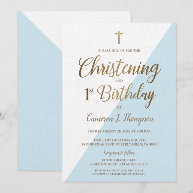 Modern Blue Gold 1st Birthday Christening Invitation (Front/Back)