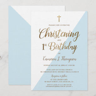 Modern Blue Gold 1st Birthday Christening Invitation