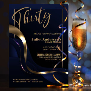 Modern Blue Gold 30th Birthday Party Invitation