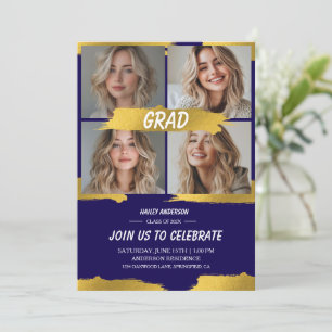 Modern Blue Gold 4Photo Graduation Party Invitation