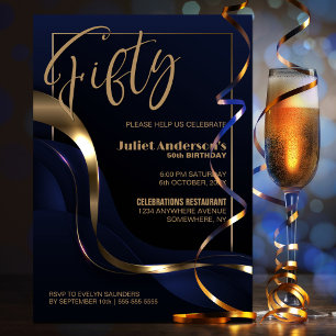Modern Blue Gold 50th Birthday Party Invitation