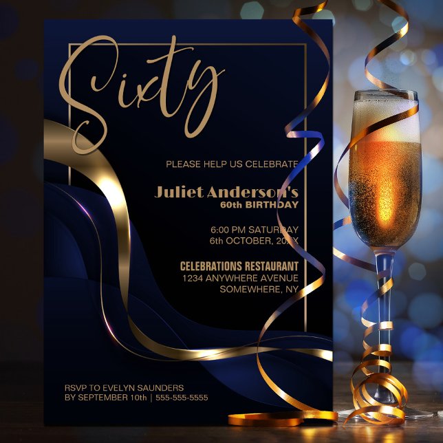 Modern Blue Gold 60th Birthday Party Invitation (Creator Uploaded)