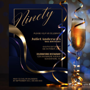 Modern Blue Gold 90th Birthday Party Invitation