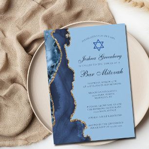 Modern Blue Gold Agate Bar Mitzvah Party Invitation