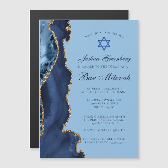 Modern Blue Gold Agate Bar Mitzvah Party Magnetic Invitation (Front/Back)