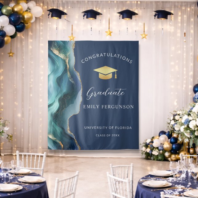 Modern Blue & Gold Agate Graduate Backdrop Tapestry (Modern Blue and gold Congratulations graduate backdrop)