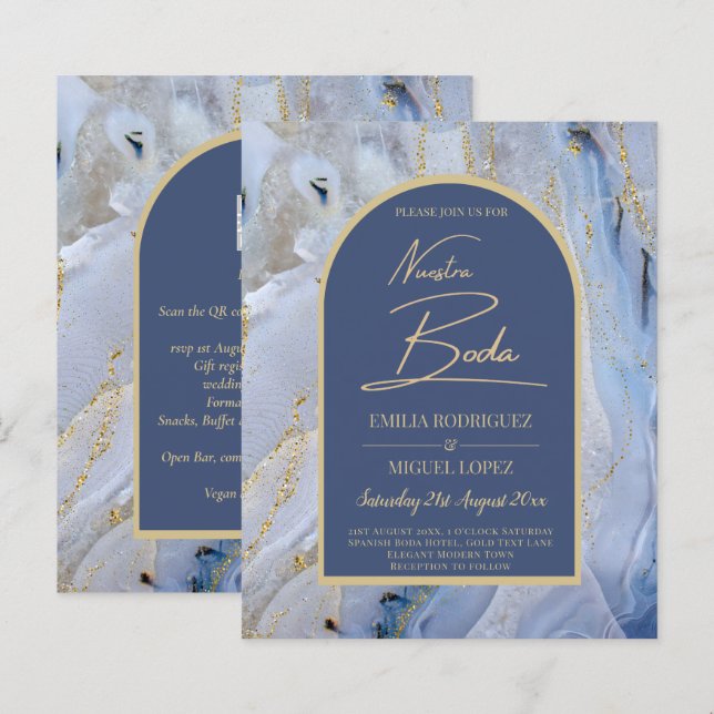 Modern Blue Gold Agate Marble Arch Wedding (Front/Back)
