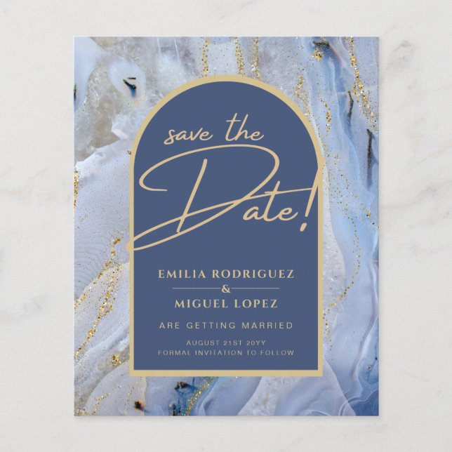 Modern Blue Gold Agate Marble Arch Wedding Flyer (Front)