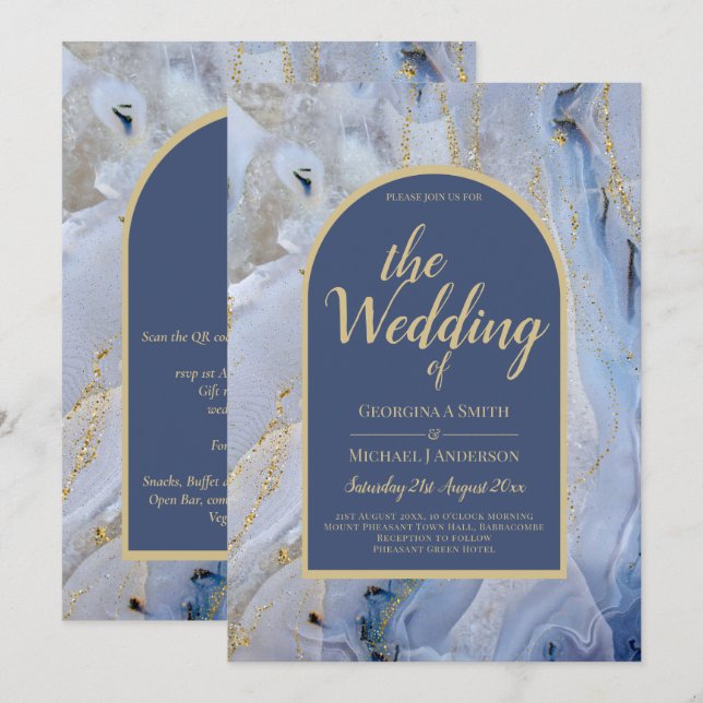 Modern Blue Gold Agate Marble Arch Wedding Invitation (Front/Back)