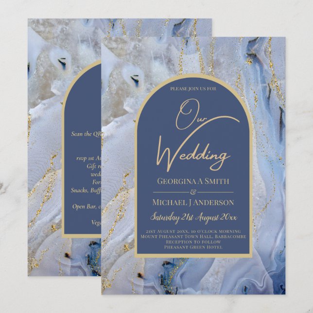 Modern Blue Gold Agate Marble Arch Wedding Invitation (Front/Back)