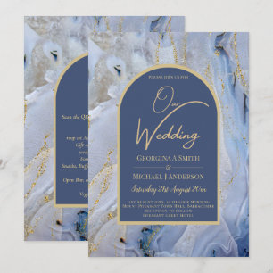 Modern Blue Gold Agate Marble Arch Wedding Invitation