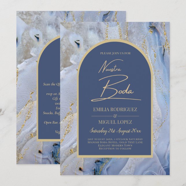 Modern Blue Gold Agate Marble Arch Wedding Invitation (Front/Back)