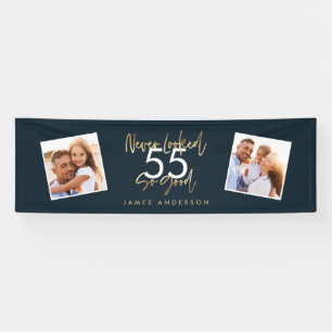 Modern blue gold birthday simple elegant script banner