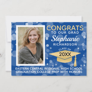 Modern Blue Gold Bokeh Bubbles Photo Graduation Invitation
