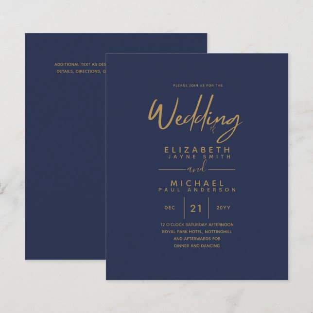 Modern Blue Gold Budget Wedding Invites (Front/Back)