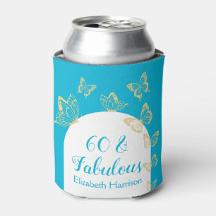 Modern Blue Gold Butterflies Fabulous Birthday Can Cooler