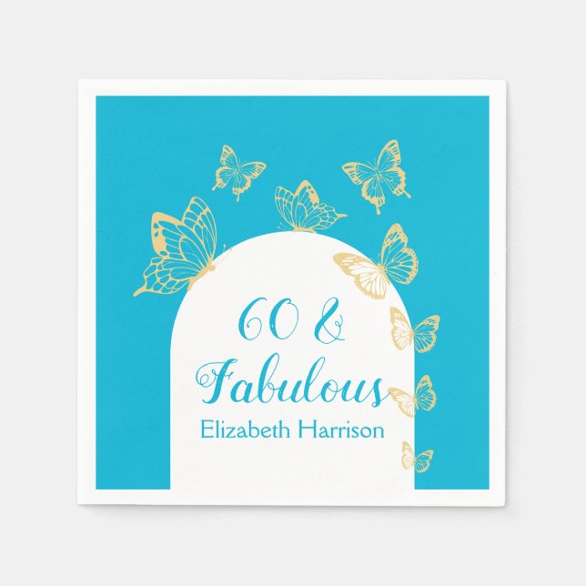 Modern Blue Gold Butterflies Fabulous Birthday Napkin (Front)