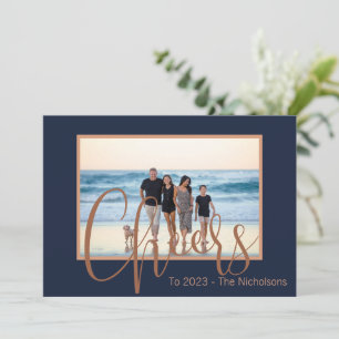 Modern Blue & Gold Cheers New Year Calendar Photo Holiday Card