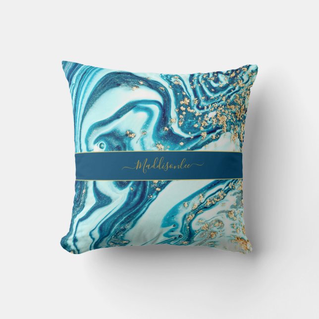 Modern Blue Gold Chic Marble Agate Monogram Name Cushion (Front)