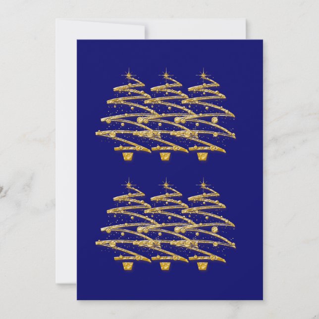 Modern blue gold Christmas trees invitations (Front)