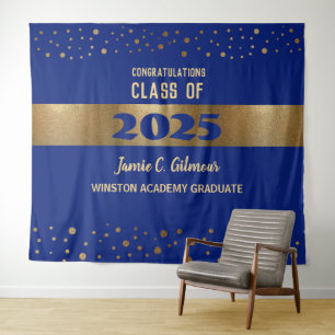 Modern Blue Gold Class of 2025 Graduation backdrop Tapestry
