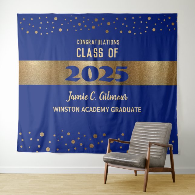 Modern Blue Gold Class of 2025 Graduation backdrop Tapestry (In Situ (Horizontal))