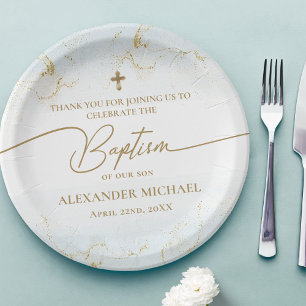 Modern Blue Gold Cross Boy Baptism Paper Plate