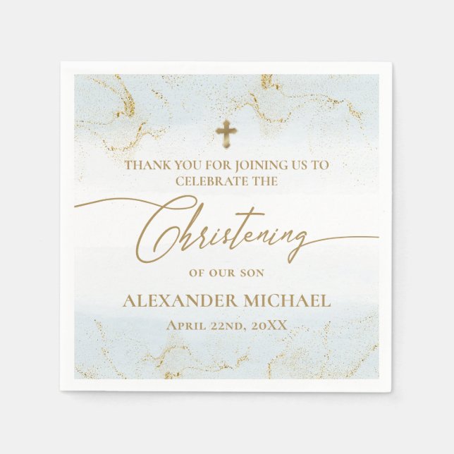 Modern Blue Gold Cross Boy Christening Napkin (Front)
