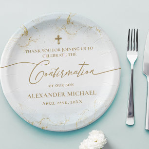 Modern Blue Gold Cross Boy Confirmation Paper Plate
