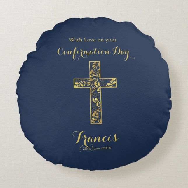 Modern blue gold cross boys confirmation   round cushion (Front)
