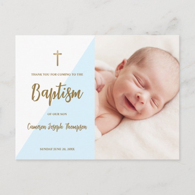 Modern Blue Gold cross Custom Baby Boy Baptism  Postcard (Front)