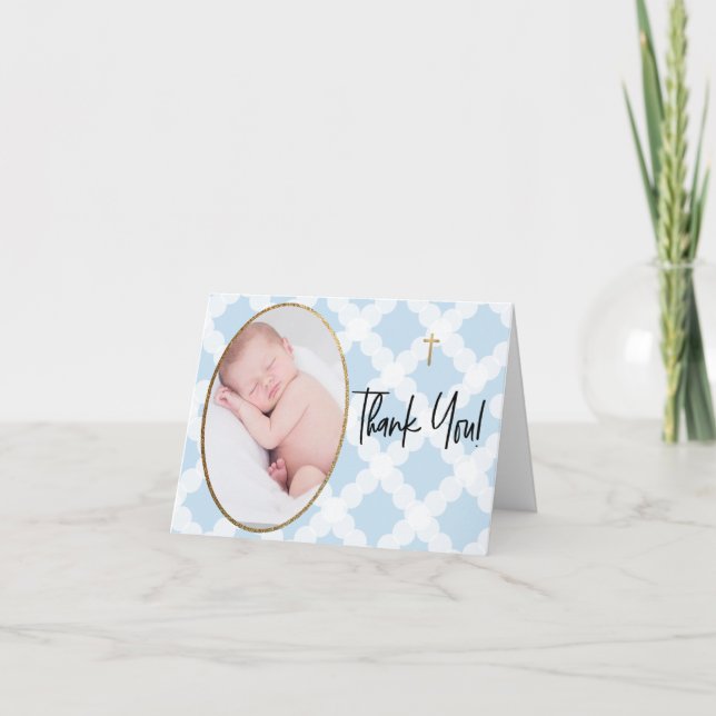 Modern Blue Gold Cross Custom Photo Baptism Thank You Card (Front)