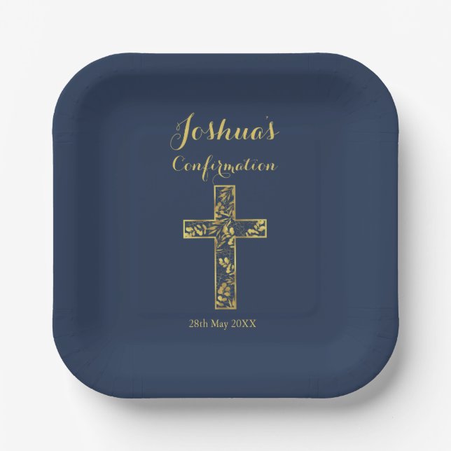 Modern blue gold cross name boy confirmation paper plate (Front)