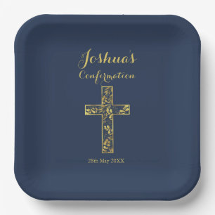 Modern blue gold cross name boy confirmation paper plate