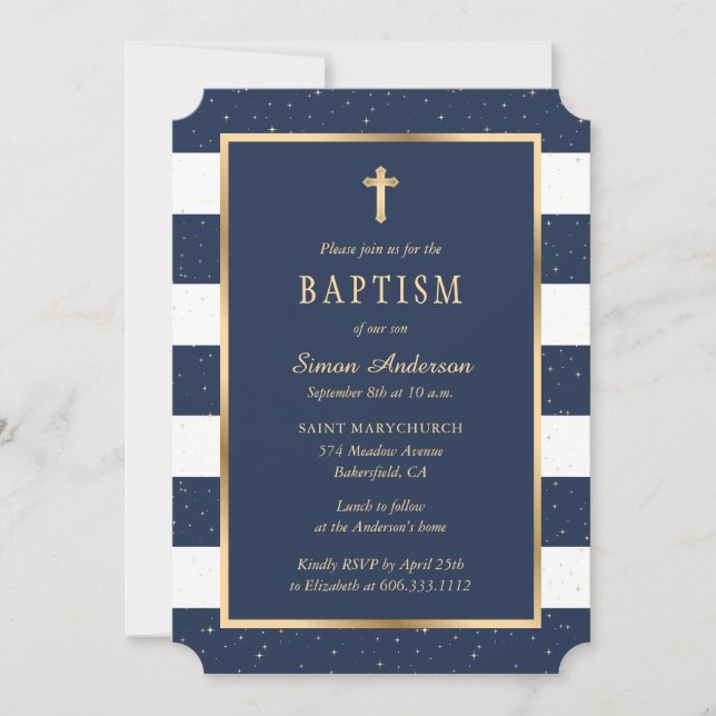 Modern Blue Gold Cross Stars Boy Baptism Invitation (Front)